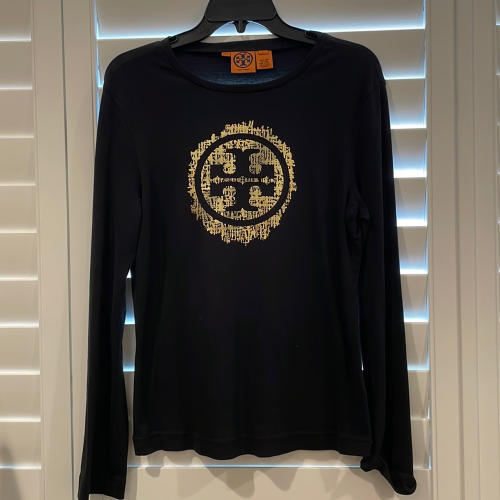 Black Long Sleeve Tory Burch Shirt with Gold Detail